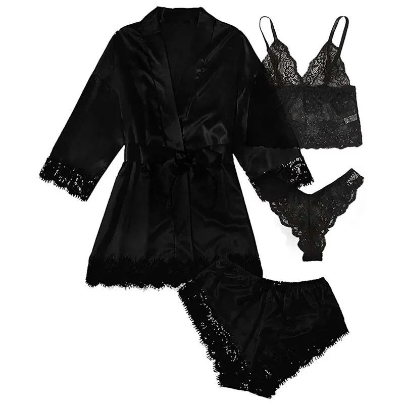 Women’s Satin Sleepwear: 4-Piece Set