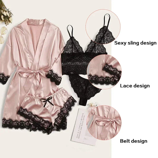 Women’s Satin Sleepwear: 4-Piece Set