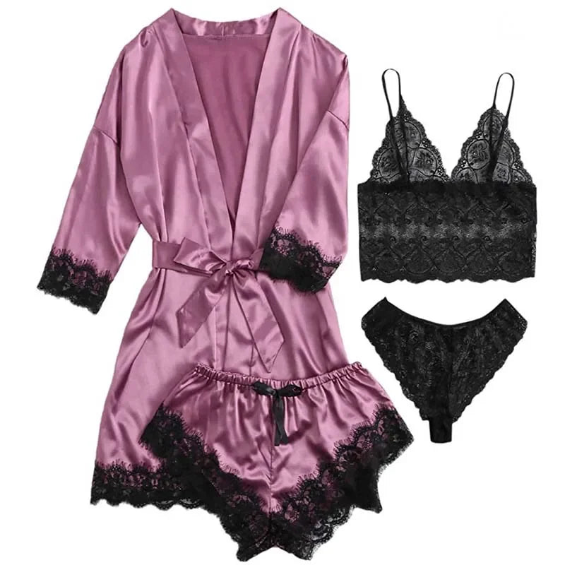 Women’s Satin Sleepwear: 4-Piece Set