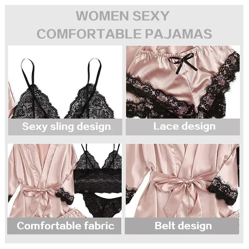 Women’s Satin Sleepwear: 4-Piece Set