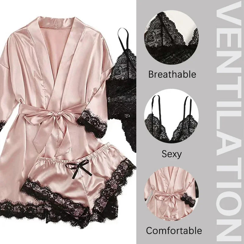 Women’s Satin Sleepwear: 4-Piece Set