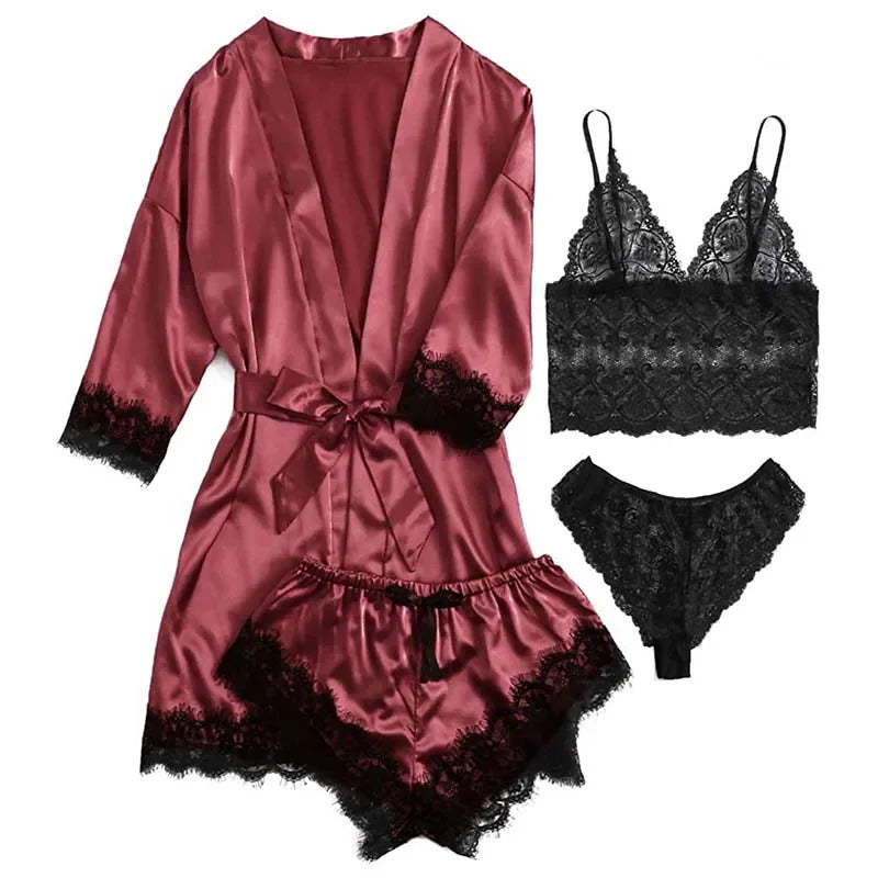 Women’s Satin Sleepwear: 4-Piece Set